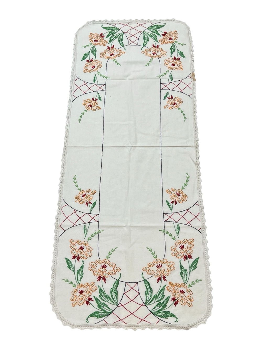 Vintage 1950s Hand Embroidered Table Runner Tropical Floral MCM Dresser Scarf